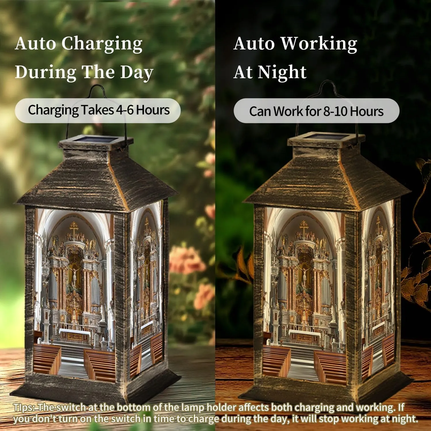 Solar Lantern Cathedral Assumption Virgin Mary City Center Outdoor Garden Hanging Lantern Waterproof Solar Powered Lighting Outside Table Lamp for Deck Yard Camping Patio Decor