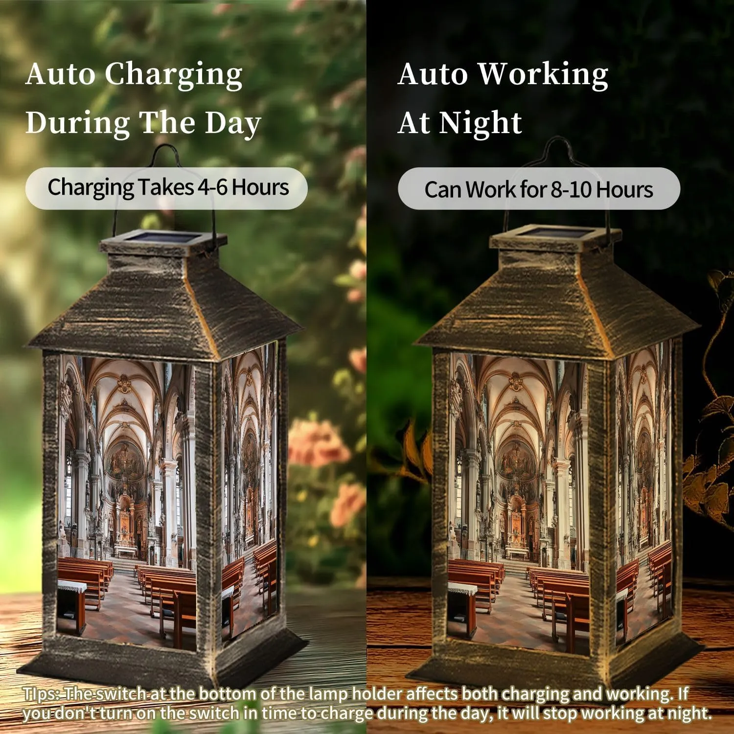 Solar Lantern Cathedral Assumption Virgin Mary City Center Outdoor Garden Hanging Lantern Waterproof Solar Powered Lighting Outside Table Lamp for Deck Yard Camping Patio Decor