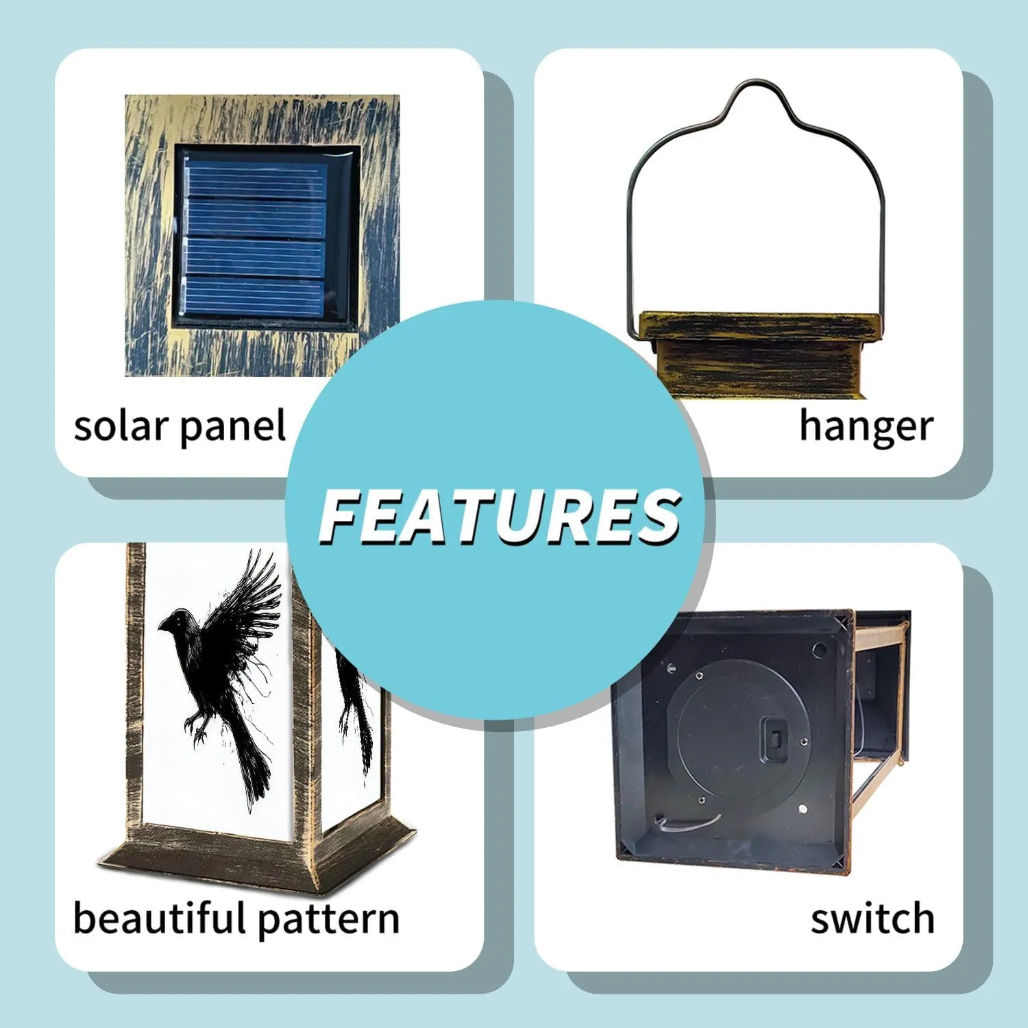 Solar Lantern Crows Ink Grunge Outdoor Waterproof Garden Hanging Lantern Solar Powered Lighting Outside Table Lamp for Patio Deck Camping 1 Pack
