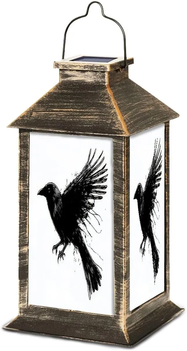 Solar Lantern Crows Ink Grunge Outdoor Waterproof Garden Hanging Lantern Solar Powered Lighting Outside Table Lamp for Patio Deck Camping 1 Pack