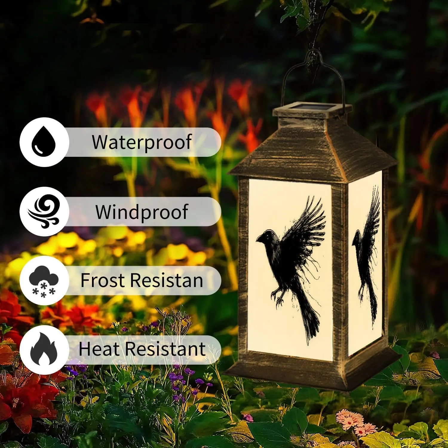 Solar Lantern Crows Ink Grunge Outdoor Waterproof Garden Hanging Lantern Solar Powered Lighting Outside Table Lamp for Patio Deck Camping 1 Pack