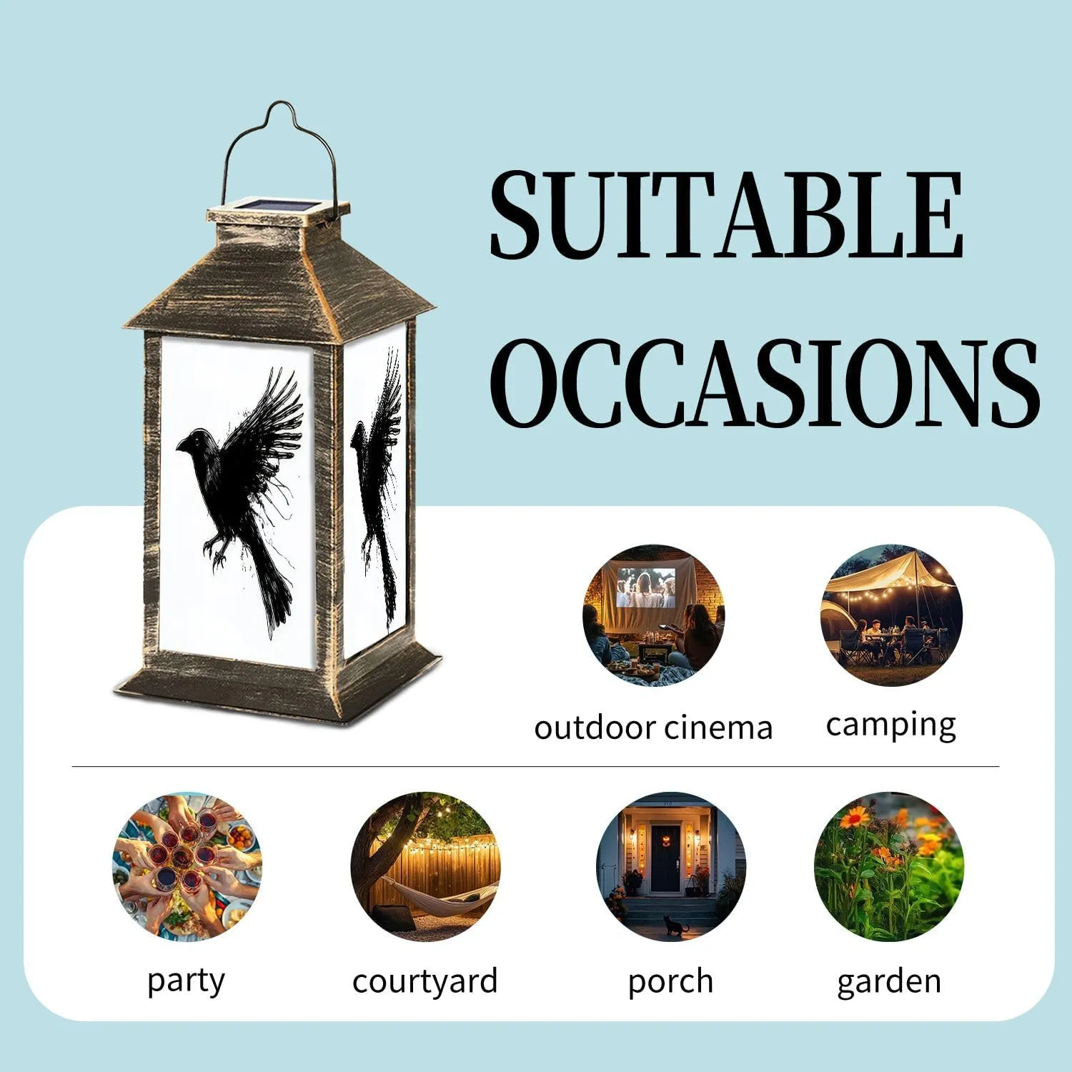 Solar Lantern Crows Ink Grunge Outdoor Waterproof Garden Hanging Lantern Solar Powered Lighting Outside Table Lamp for Patio Deck Camping 1 Pack
