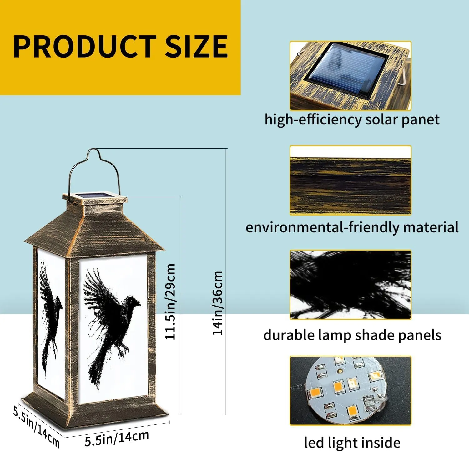 Solar Lantern Crows Ink Grunge Outdoor Waterproof Garden Hanging Lantern Solar Powered Lighting Outside Table Lamp for Patio Deck Camping 1 Pack