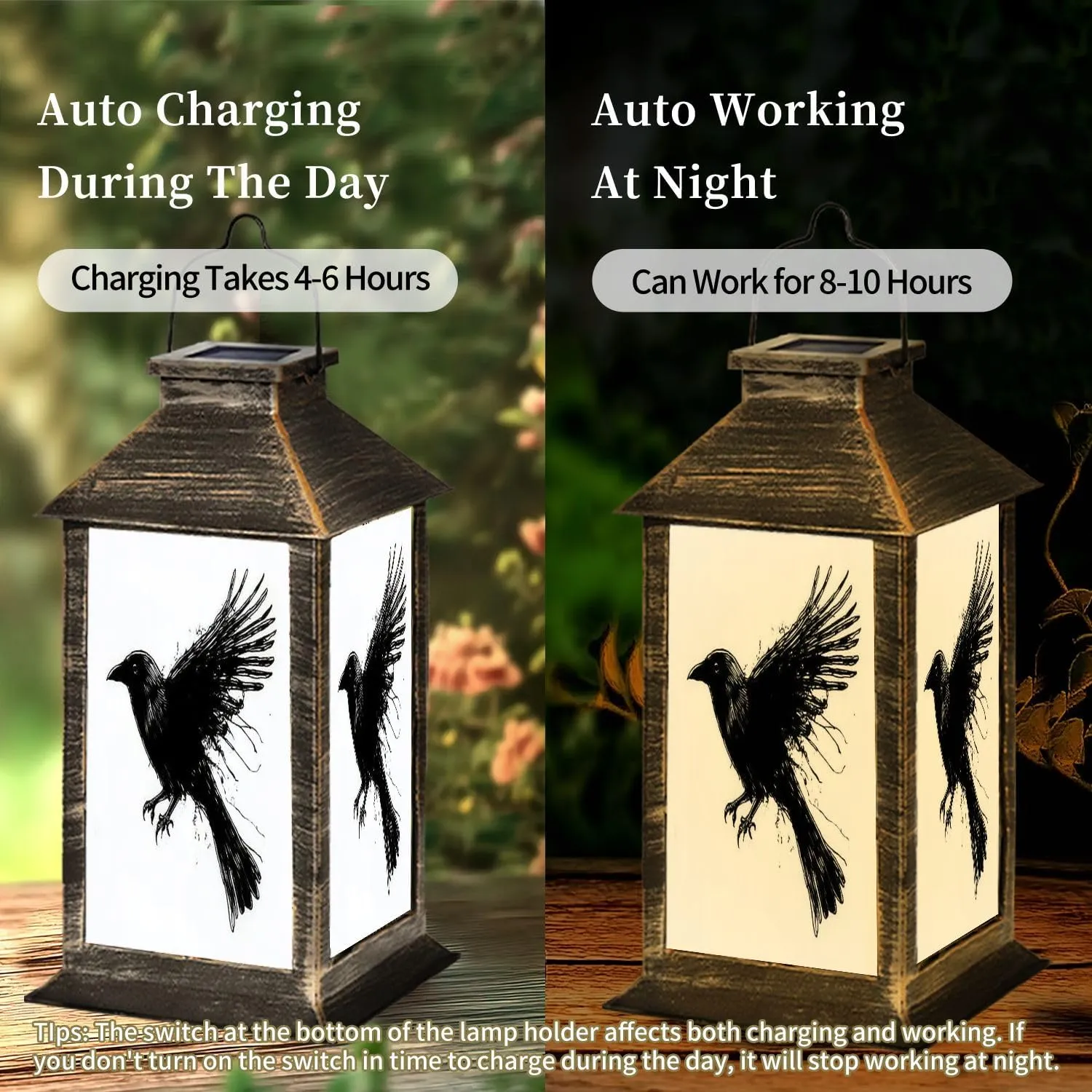 Solar Lantern Crows Ink Grunge Outdoor Waterproof Garden Hanging Lantern Solar Powered Lighting Outside Table Lamp for Patio Deck Camping 1 Pack