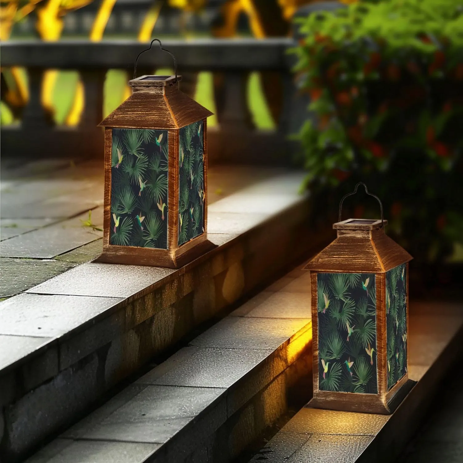 Solar Lantern Exotic Tropical Forest Hummingbirds Colibri Outdoor Garden Hanging Lantern Waterproof Solar Powered Lighting Outside Table Lamp for Patio Deck Yard Camping Beach House Decor