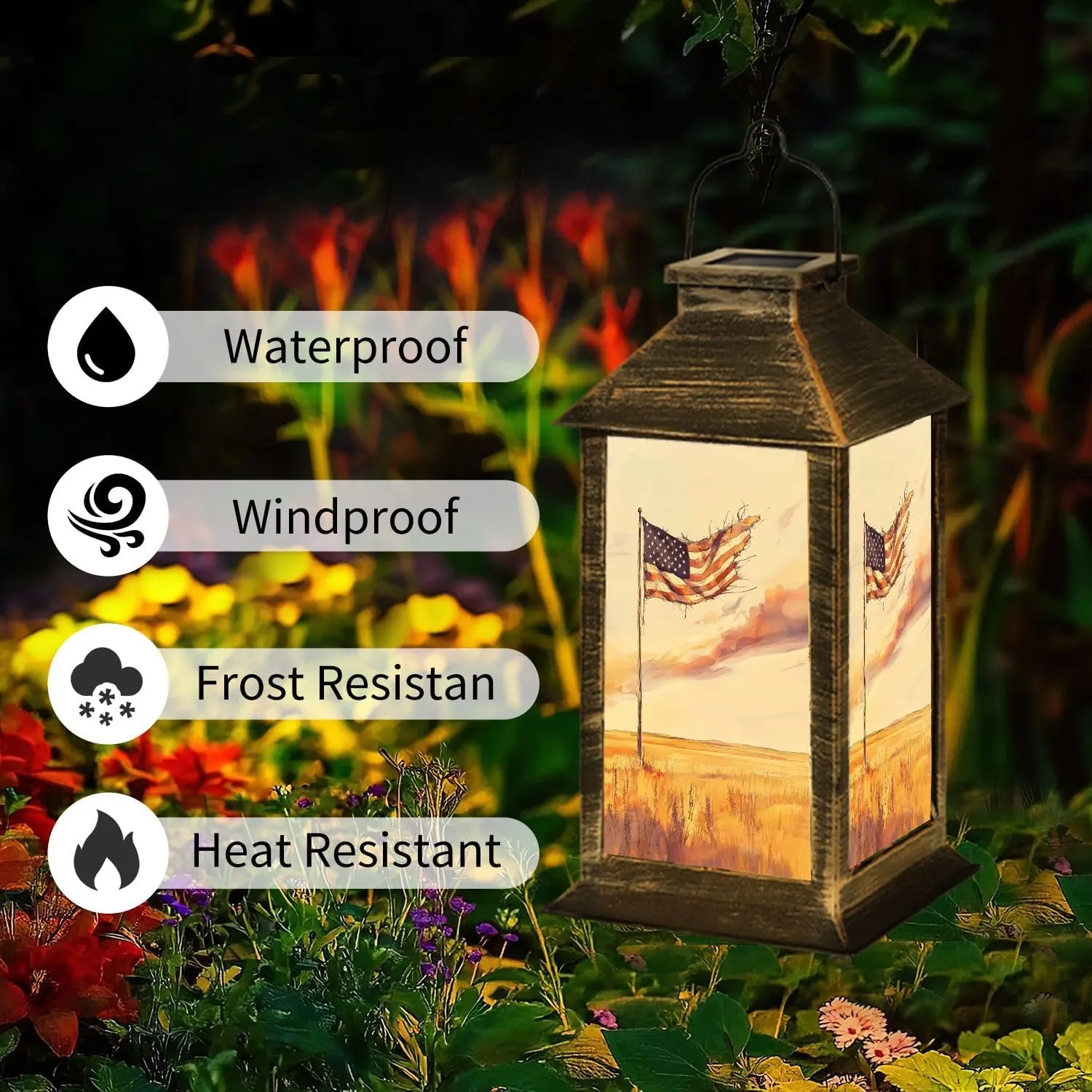 Solar Lantern Melancholy Resilient Flag Art Prairie Sunset Theme Outdoor Waterproof Garden Hanging Lantern Solar Powered Lighting Outside Table Lamp for Patio Deck Camping 1 Pack