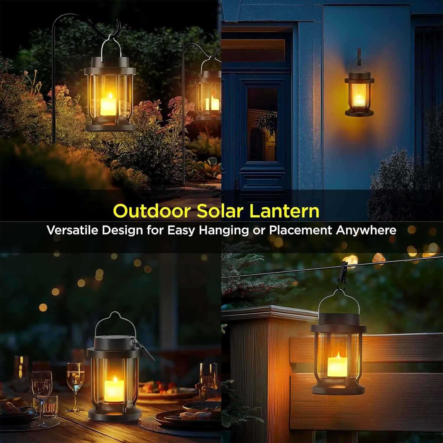 Solar Lantern Outdoor Indoor Use – Hanging Solar Lights with Realistic Flickering Flameless Candle, Weatherproof for Garden Decor, Fathers Day Gifts (Black, 2 Pack)