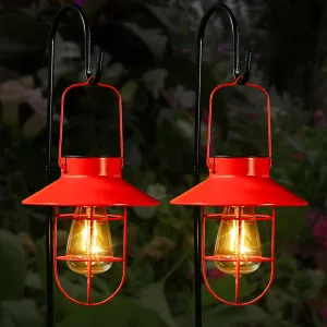 Solar Lantern with Shepherd Hook, Gift for Dad, Solar Lights Lantern lamp, Outdoor Lights Decor, Water Resistant Edison Bulb Lights for Garden Decor ,Outside Decor for Pathways or Yard(Red,2 Pack)