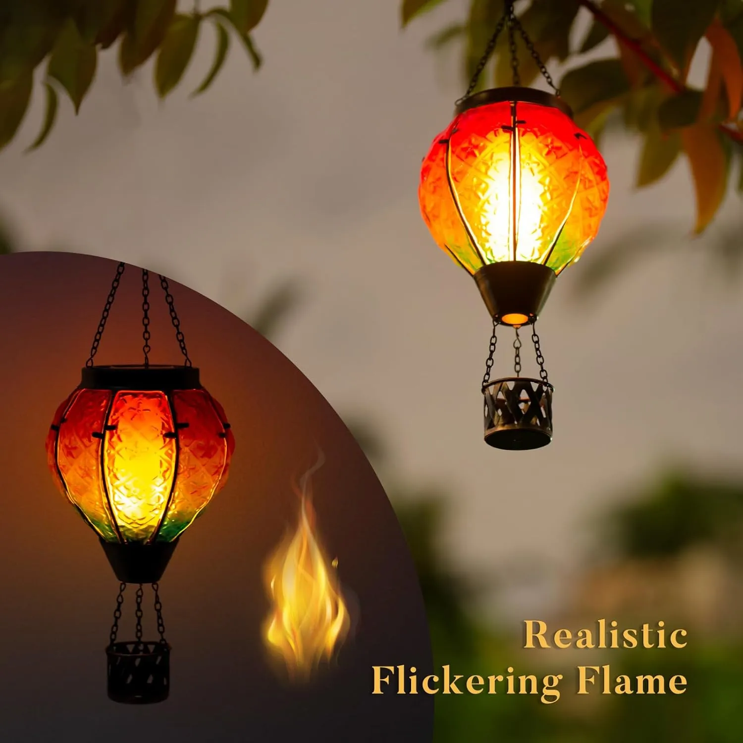 Solar Lanterns Hot Air Balloon Solar Lantern with Flickering Flame Hanging Solar Lights Multi-Color Solar Lanterns Outdoor Waterproof Glass Solar Powered Lamp Lantern for Outdoor Garden Lawn