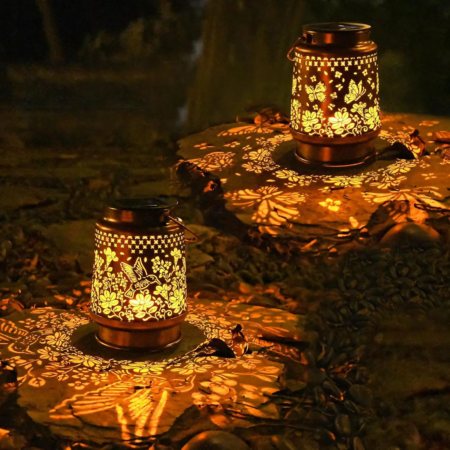 Solar Lanterns Outdoor Waterproof, 2 Pack Hummingbird & Butterfly Metal Hanging Solar Lantern, Gardening Gifts for Women Mom Grandma, Outdoor Lanterns for Yard Patio Pathway
