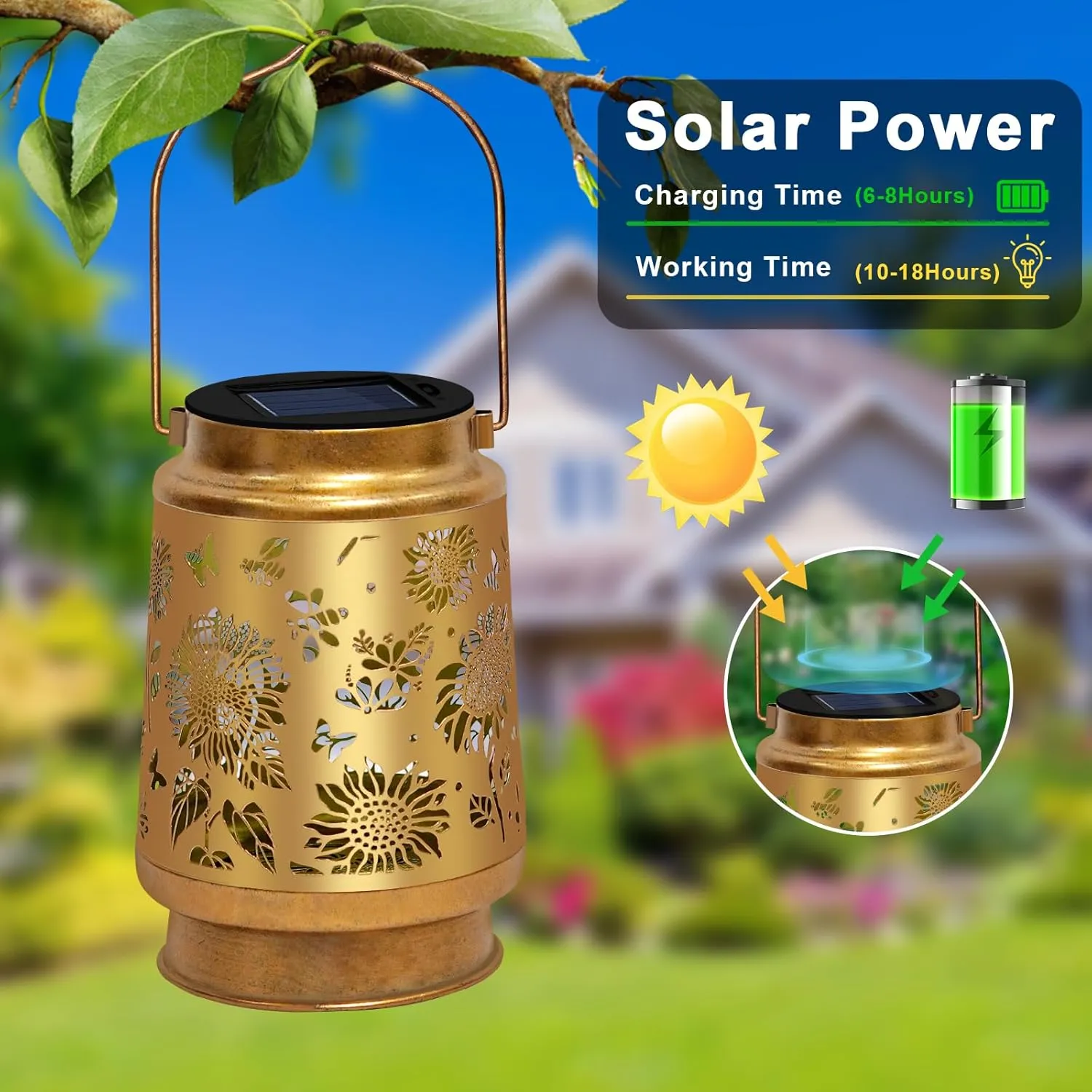 Solar Lanterns Outdoor Waterproof Hanging Solar Lights, Sunflower Garden Decor, Hanging Metal Garden Lights for Yard Patio Lawn Landscape, Birthday Gifts for Women Mom,Grandma, Mothers Day