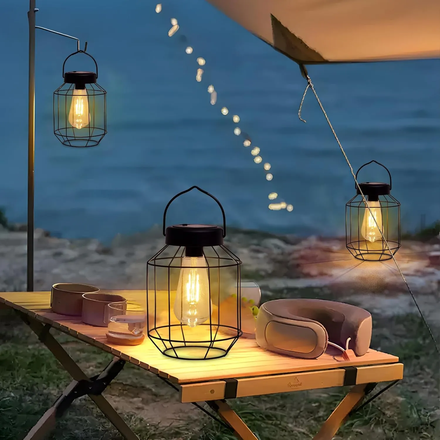 Solar Lights Outdoor Waterproof,Solar Lantern 2 Pack,Metal Hanging Outdoor Lanterns,Handle with Edison Bulb Solar Powered Lights for Yard Garden Patio Porch Pathway Decor