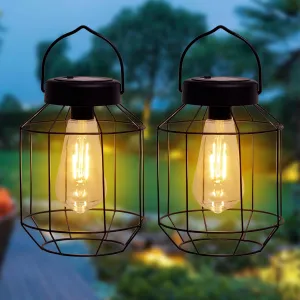 Solar Lights Outdoor Waterproof,Solar Lantern 2 Pack,Metal Hanging Outdoor Lanterns,Handle with Edison Bulb Solar Powered Lights for Yard Garden Patio Porch Pathway Decor