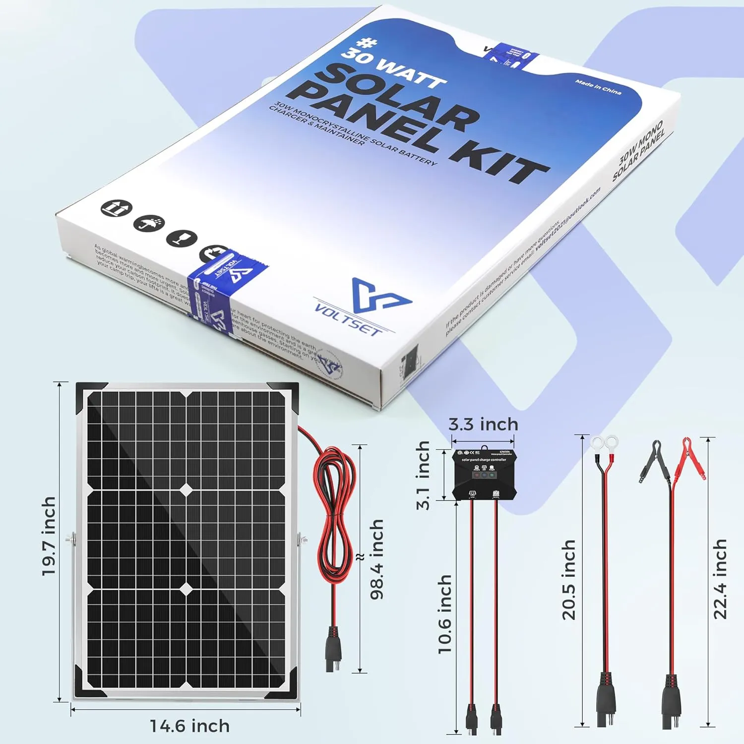 Solar Panel Kit 30W 12V, Solar Battery Trickle Charger Maintainer, Waterproof Solar Panel   Upgrade Charge Controller   Adjustable Mount Bracket for Boat RV Motorcycle Marine