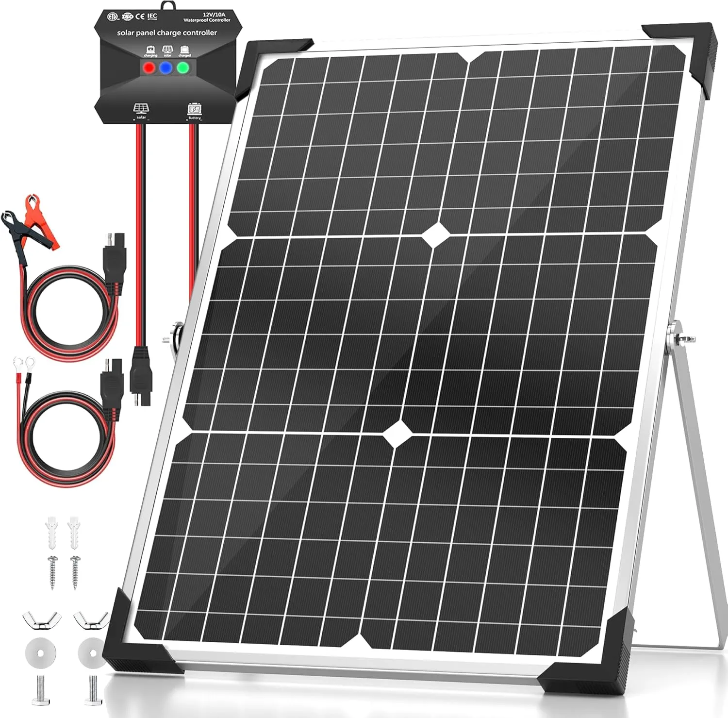 Solar Panel Kit 30W 12V, Solar Battery Trickle Charger Maintainer, Waterproof Solar Panel   Upgrade Charge Controller   Adjustable Mount Bracket for Boat RV Motorcycle Marine