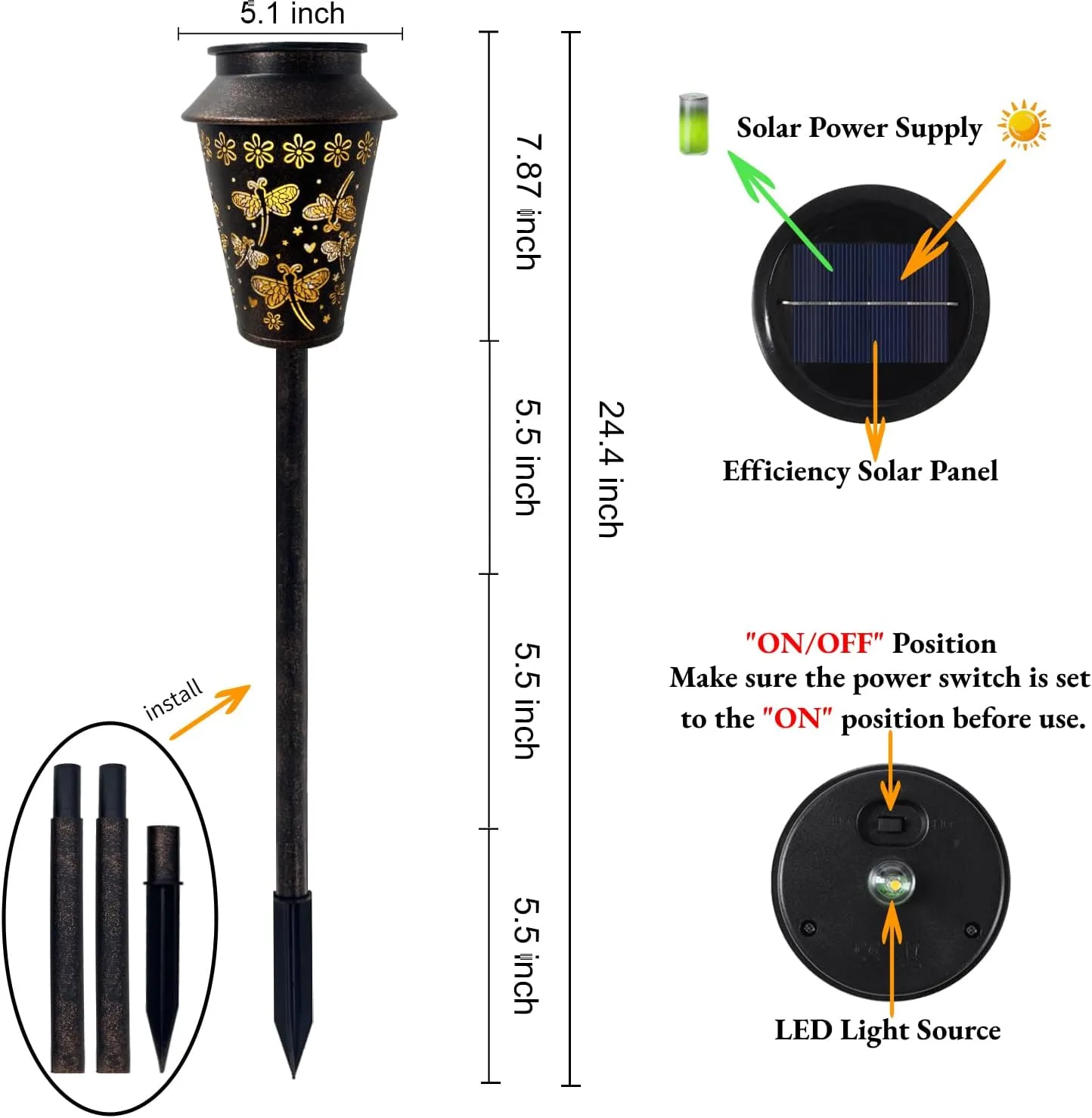 Solar Pathway Lights, Dragonfly Metal Copper Lantern for Yard, Garden, Walkway, Lawn and Patio Decor, Outdoor Waterproof Landscape Lighting Gifts for Women, Mom, Grandma