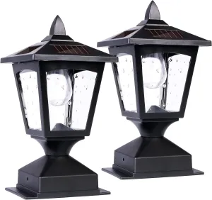 Solar Post Lights Outdoor, Solar Lamp Post Cap Lights, Waterproof Fence Post Solar Lights for Wood Fence Deck Patio Garden Outside Decorative, Fit on 4x4 Wood Posts, 15 Lumens, Black (2 Pack)