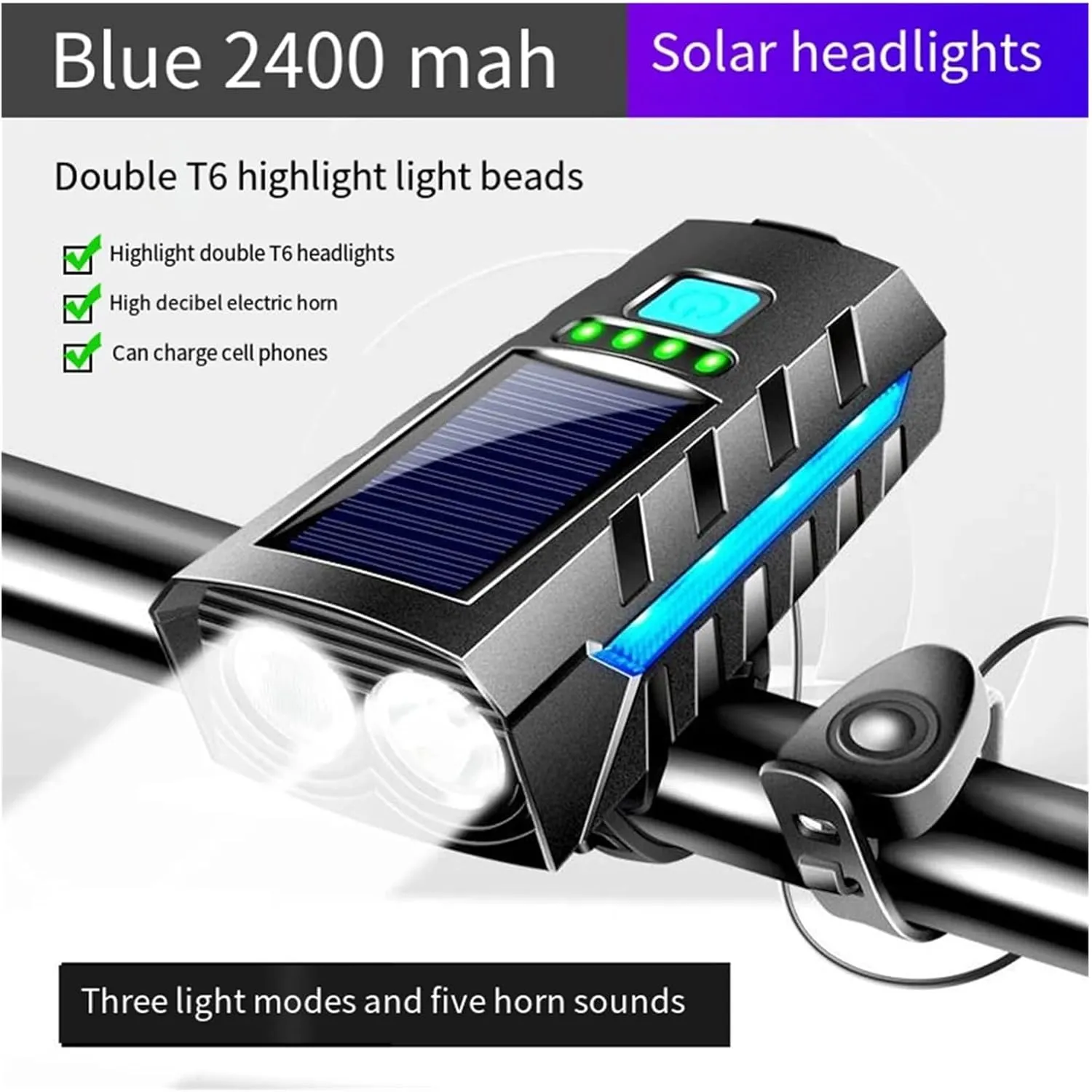 Solar Power Bicycle Headlamp with 130db Horn LED Cycling Lantern USB Rechargeable High Beam Bicycle Flashlight for Night Riding