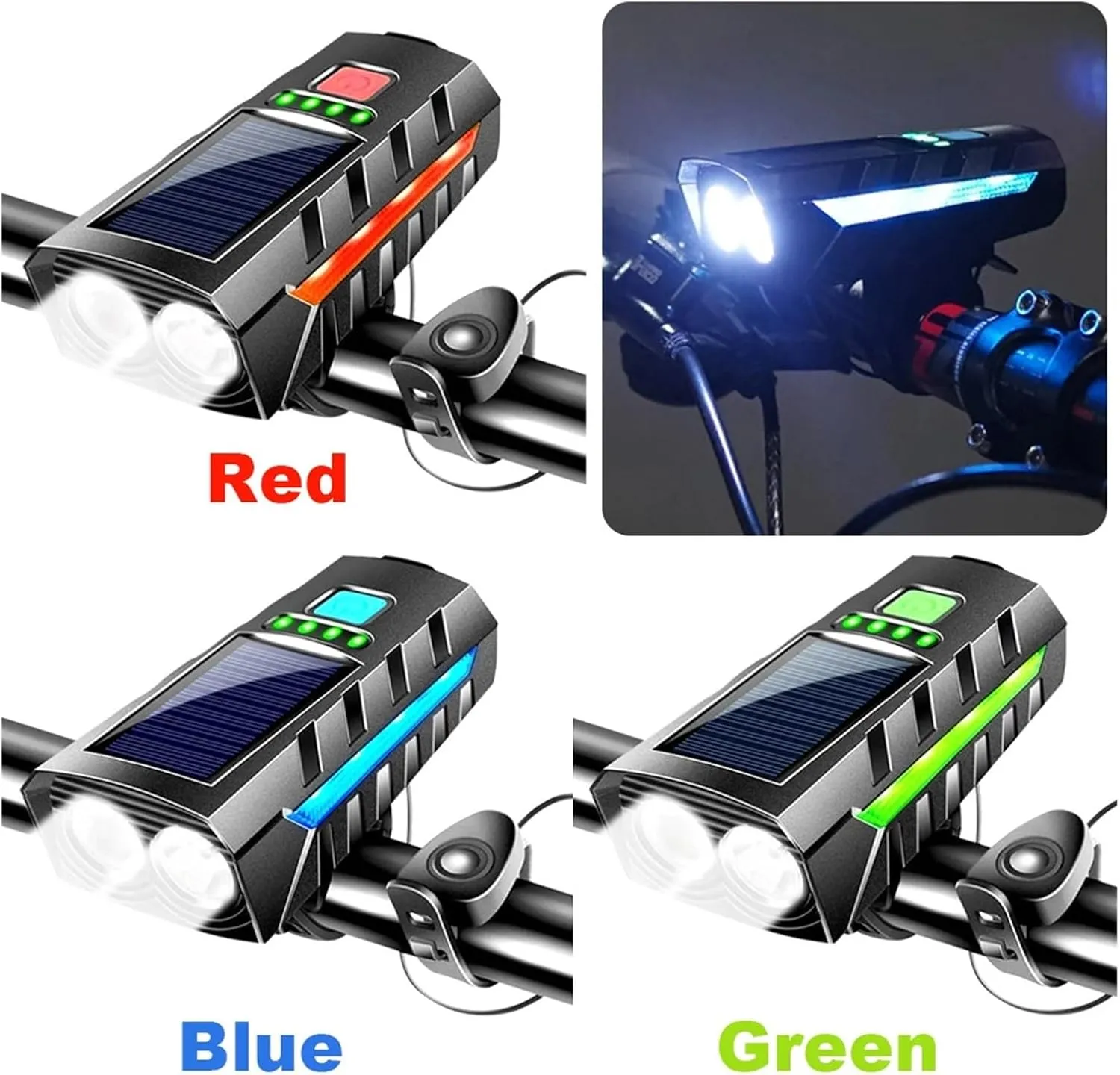 Solar Power Bike Front Light USB Rechargeable LED Cycling Lantern Power Display High Beam Bicycle Flashlight Bicycle Accessories(Green)