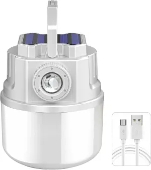 Solar Rechargeable Camping Lantern, Emergency Light Bulb with Dual Charging, Type-C Cable, Multifunctional Tent Lamp for Outdoor Markets