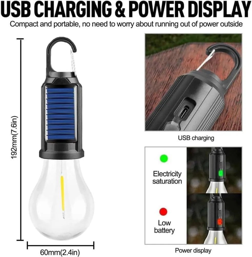 Solar Rechargeable Hooked Camping Light, Shineshore LED Solar Tent Lights Battery Powered with Clip Hook, Portable Outdoor Waterproof Emergency Light Bulb for Hiking, Camping, Fishing (Tapered, 4)