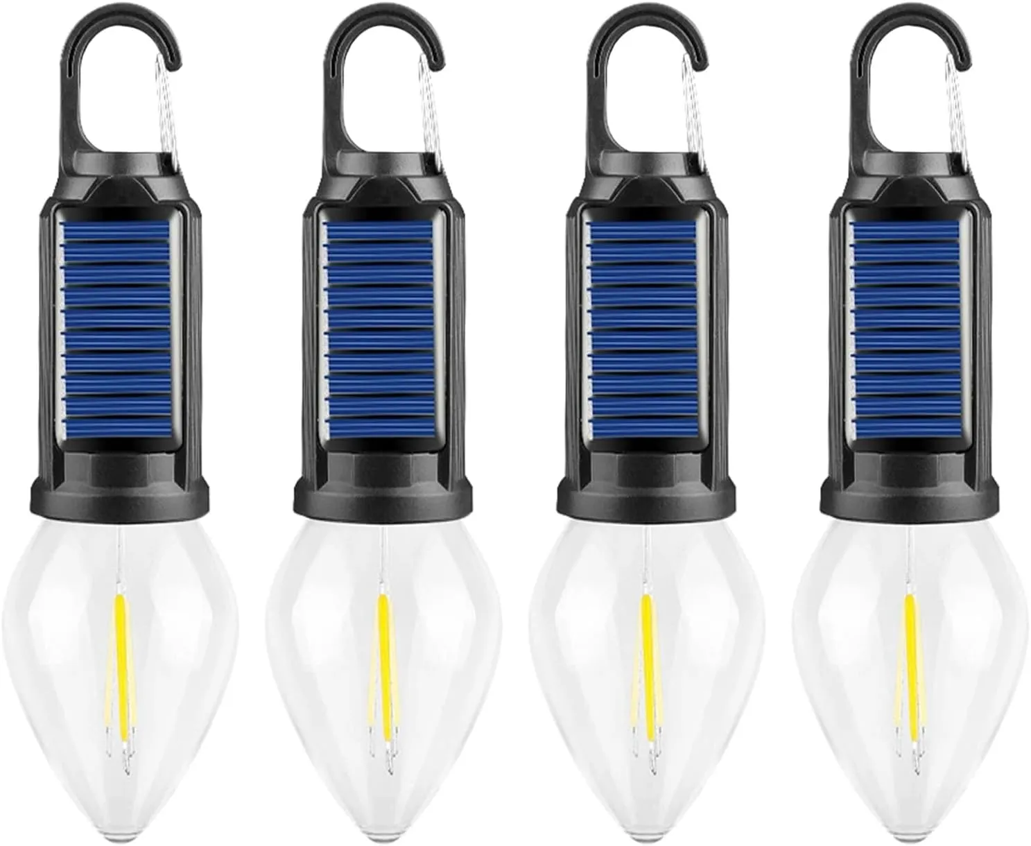 Solar Rechargeable Hooked Camping Light, Shineshore LED Solar Tent Lights Battery Powered with Clip Hook, Portable Outdoor Waterproof Emergency Light Bulb for Hiking, Camping, Fishing (Tapered, 4)