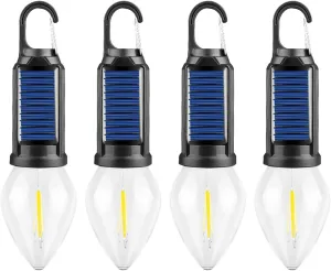 Solar Rechargeable Hooked Camping Light, Shineshore LED Solar Tent Lights Battery Powered with Clip Hook, Portable Outdoor Waterproof Emergency Light Bulb for Hiking, Camping, Fishing (Tapered, 4)