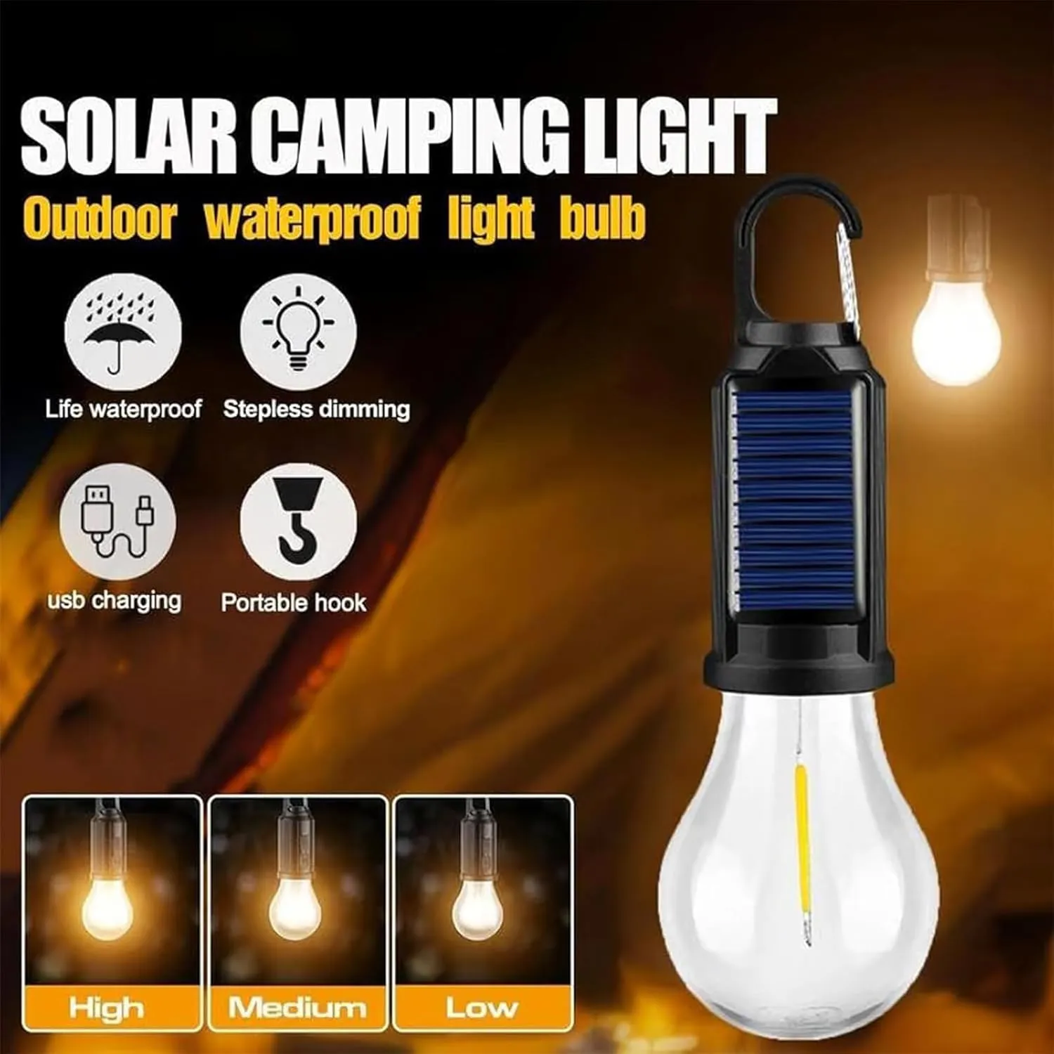 Solar Rechargeable Hooked Camping Light, Solar Camping Lantern, 3 Light Modes, Portable Outdoor Waterproof Emergency Light Bulb for Hiking, Camping, Fishing, Emergency (Flat Bottom 4)