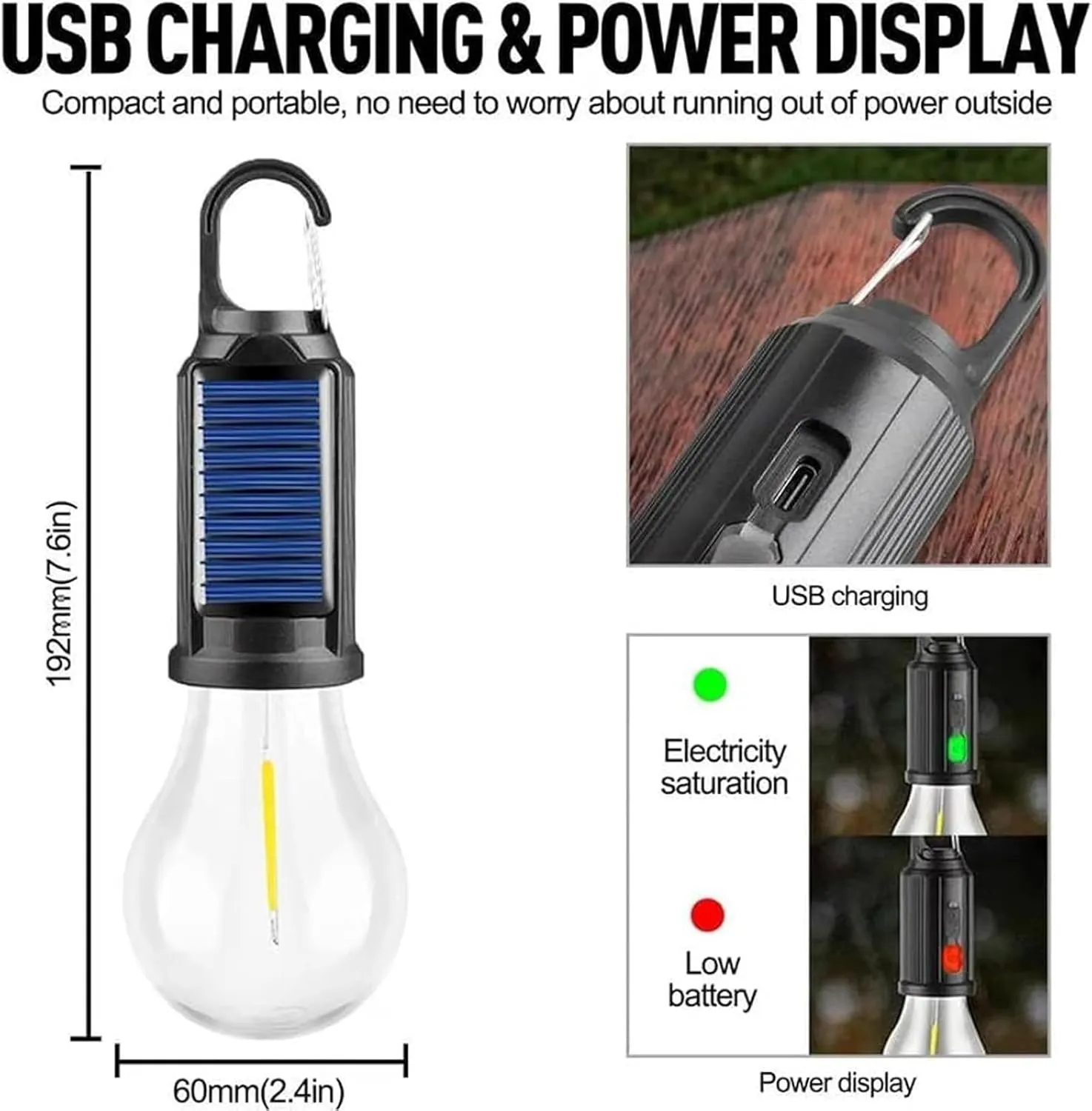 Solar Rechargeable Hooked Camping Light, Solar Camping Lantern, 3 Light Modes, Portable Outdoor Waterproof Emergency Light Bulb for Hiking, Camping, Fishing, Emergency (Flat Bottom 4)