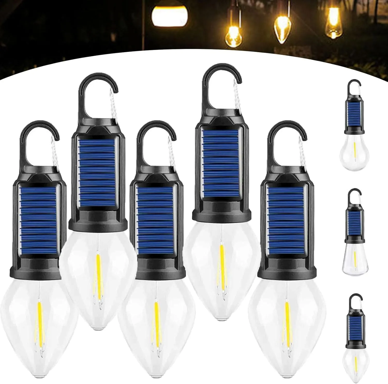 Solar Rechargeable Hooked Camping Light, Solar Tent Lights USB Rechargeable Camping Lights, Portable Tent Lights LED Lamp Waterproof for Camping, Hiking (A 5PCS)