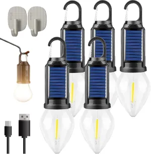 Solar Rechargeable Hooked Camping Light, Solar Tent Lights USB Rechargeable LED Camping Lantern, Shineshore Outdoor Vintage Hooked Camping Light, for Hiking, Campsites (Type-b, 5pcs)