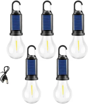 Solar Rechargeable Hooked Camping Light,Portable Vintage LED Tent Lights,Rechargeable Indoor ＆ Outdoor Waterproof Hanging Lantern,Solar Camp Bulbs for Hiking Fishing Outage(Five Round)