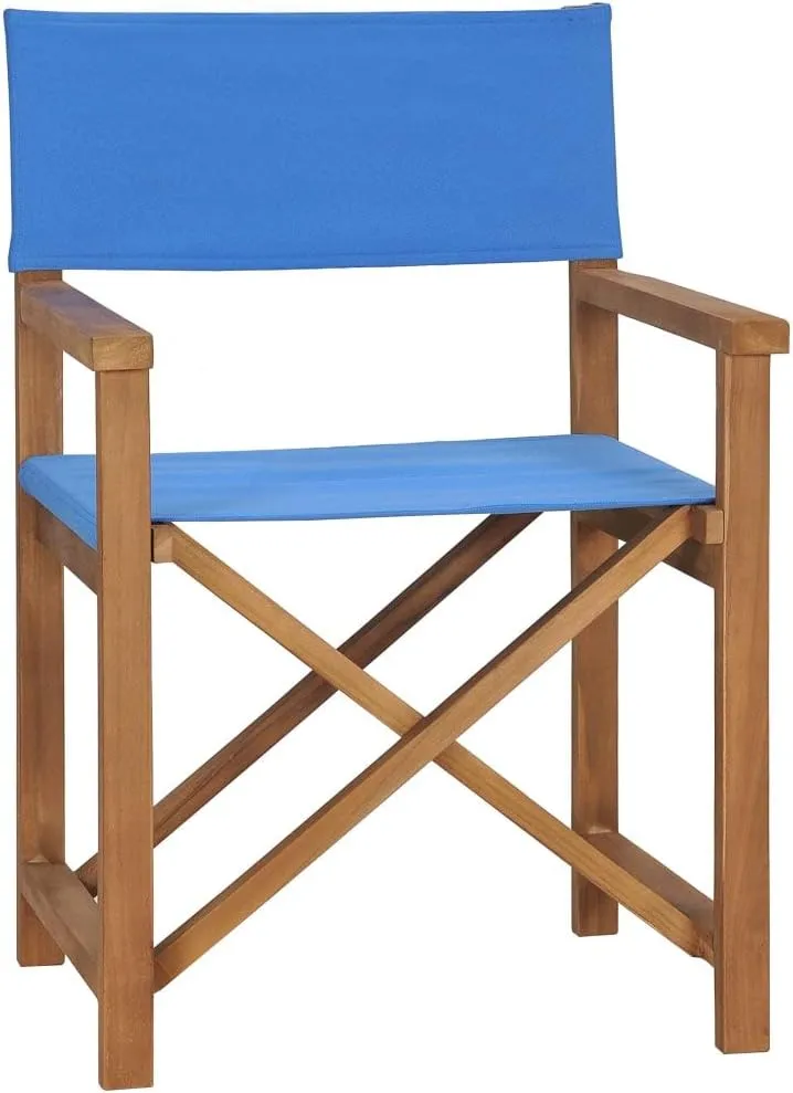 Solid Teak Wood Blue Director's Chair Outdoor Indoor Foldable Lounge Chair with Armrests for Patio Garden Camping Beach