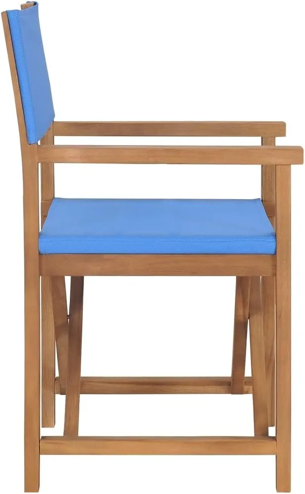Solid Teak Wood Blue Director's Chair Outdoor Indoor Foldable Lounge Chair with Armrests for Patio Garden Camping Beach