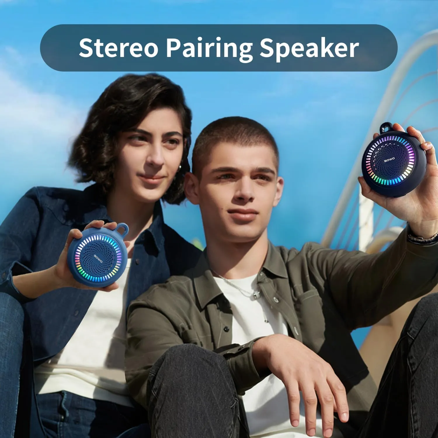 SOWO Bluetooth Shower Speaker Waterproof - Small Portable Speaker Wireless with Louder Volume and Powerful Bass - Colorful Lights and 10H Playtime - Lightweight with Carabiner and TWS - Blue
