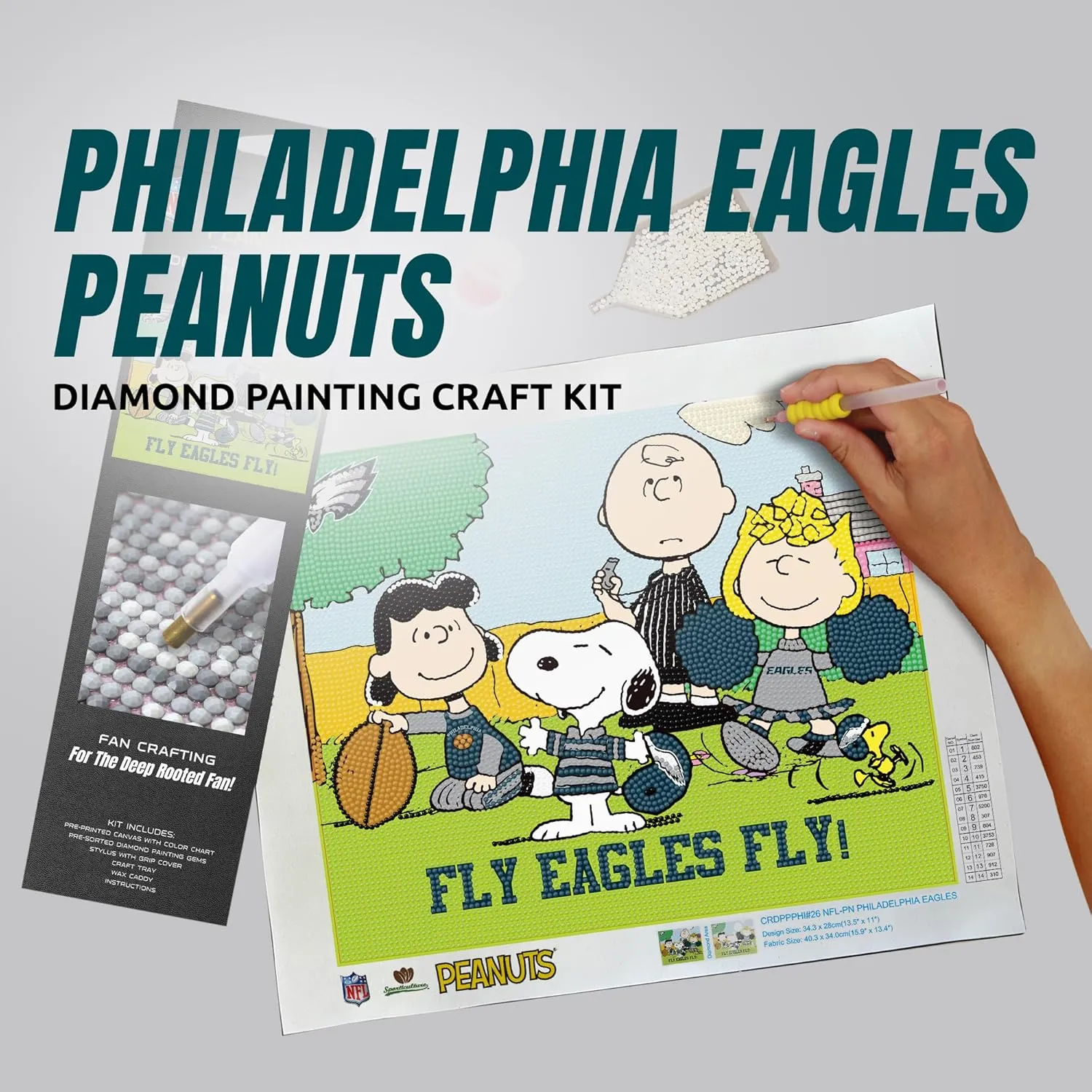 Sporticulture Snoopy Philadelphia Eagles NFL Diamond Painting Craft Kit – Officially Licensed DIY Fan Art, Includes Pre-Sorted Gems, Stylus, Tray, and Instructions – Perfect for Framing and Display