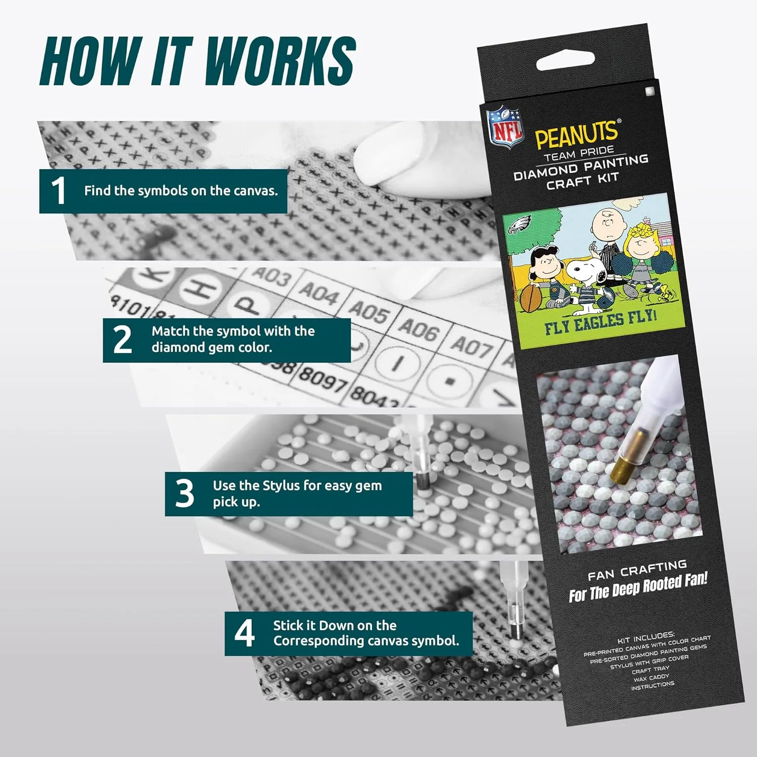 Sporticulture Snoopy Philadelphia Eagles NFL Diamond Painting Craft Kit – Officially Licensed DIY Fan Art, Includes Pre-Sorted Gems, Stylus, Tray, and Instructions – Perfect for Framing and Display