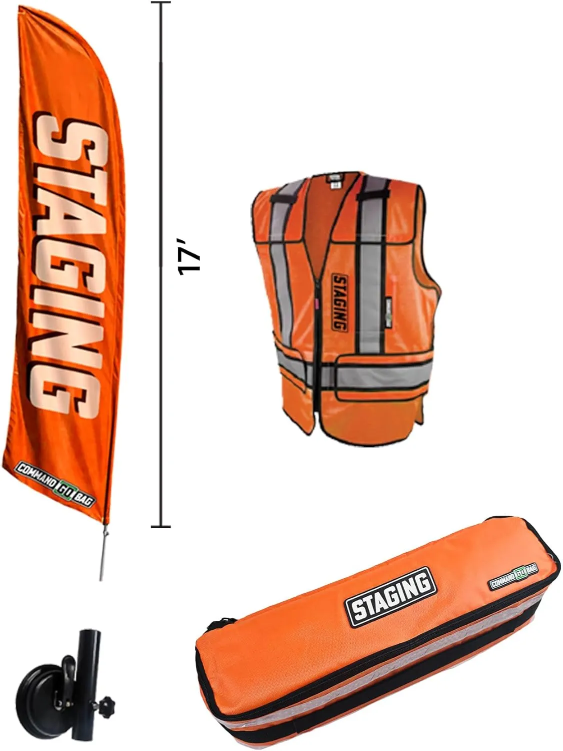 Staging Compact GoBag Emergency Response Kit, Tactical Gear with Low Profile Handles, Includes Adjustable Vest, Flag Banner, Suction Base   Compact Design for First Responders, Orange