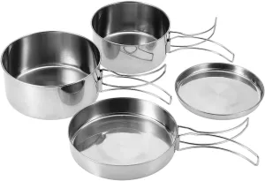 Stainless Steel Cookware Set Portable Lightweight Durable Outdoor Cooking Tools for Camping Hiking Picnic Silver 4Pcs