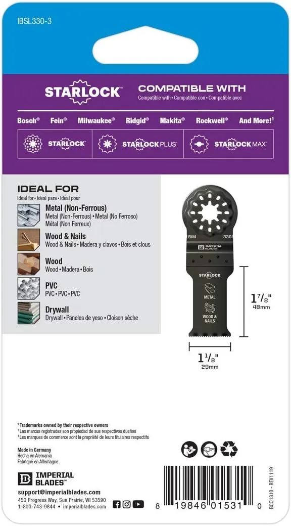 Starlock™ 1-1/8" Multi-Material Metal/Wood Oscillating Multi-Tool Blade, 3PC (Fits: Bosch and Fein. Also fits non-Starlock multi-tools: Milwaukee, Ridgid, Makita, Rockwell and more)