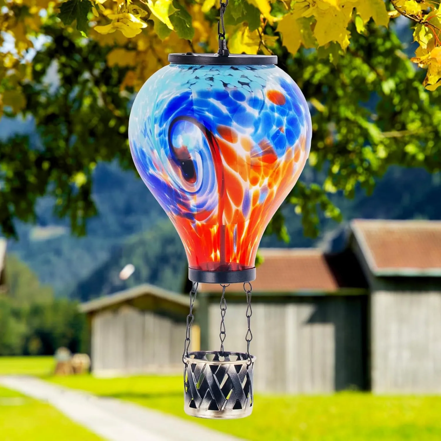 Starsoul 2 PC Hot Air Balloon Solar Lantern with Flame Glass Outdoor Hanging Hot Air Balloon Solar Light Waterproof Garden Patio Yard Party Decorations