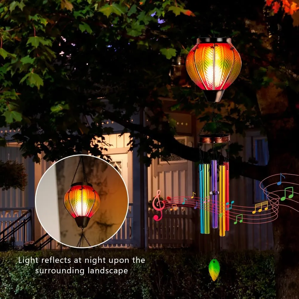 Starsoul Solar Wind Chimes for Outside, Flickering Flame Light Glass Solar Hot Air Balloon Wind Chimes, Outdoor Garden Windchimes Gift for Mothers Day, Christmas, Women, Grandma
