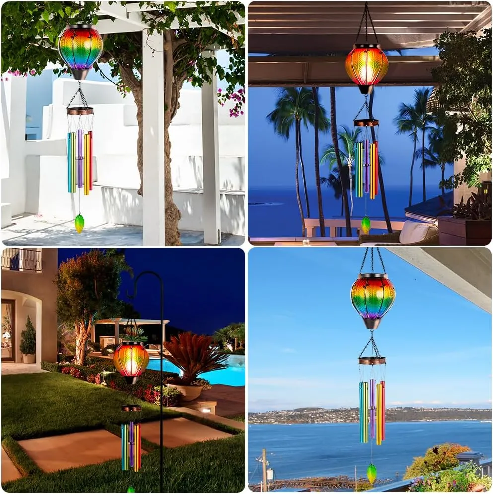 Starsoul Solar Wind Chimes for Outside, Flickering Flame Light Glass Solar Hot Air Balloon Wind Chimes, Outdoor Garden Windchimes Gift for Mothers Day, Christmas, Women, Grandma