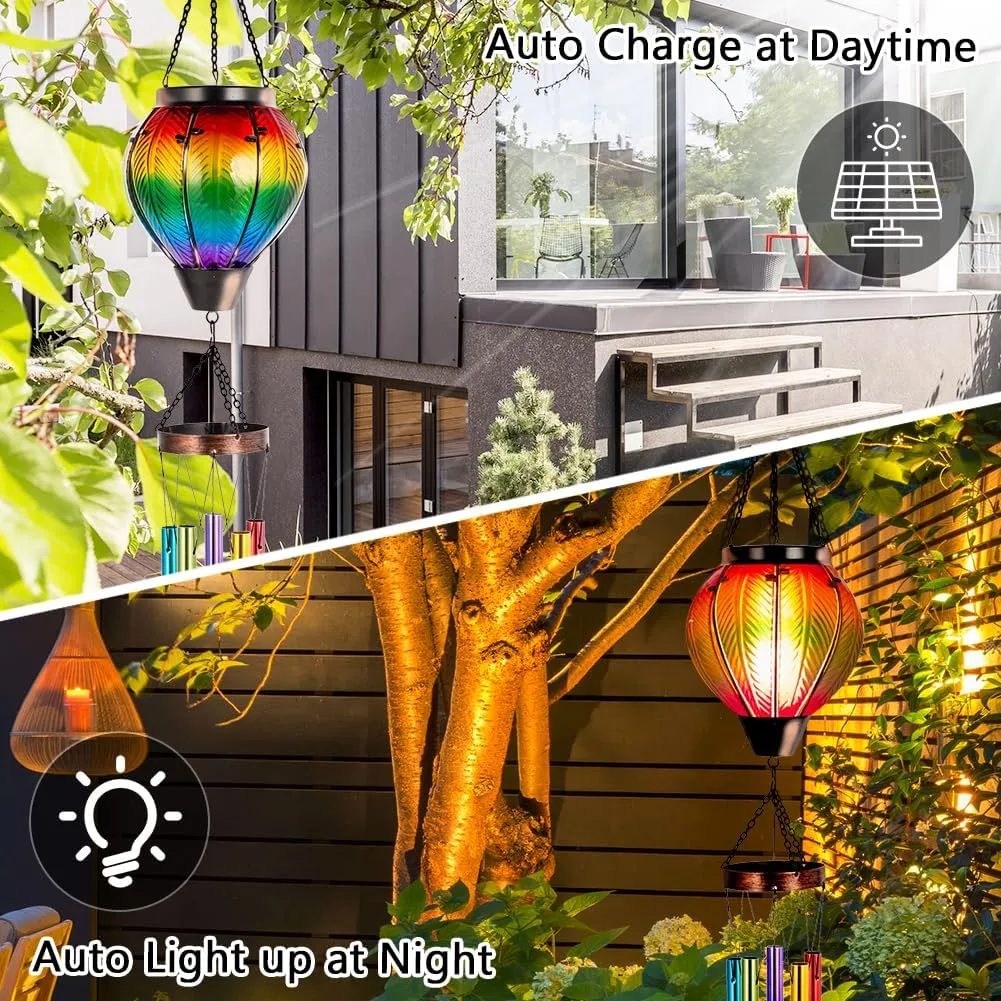 Starsoul Solar Wind Chimes for Outside, Flickering Flame Light Glass Solar Hot Air Balloon Wind Chimes, Outdoor Garden Windchimes Gift for Mothers Day, Christmas, Women, Grandma