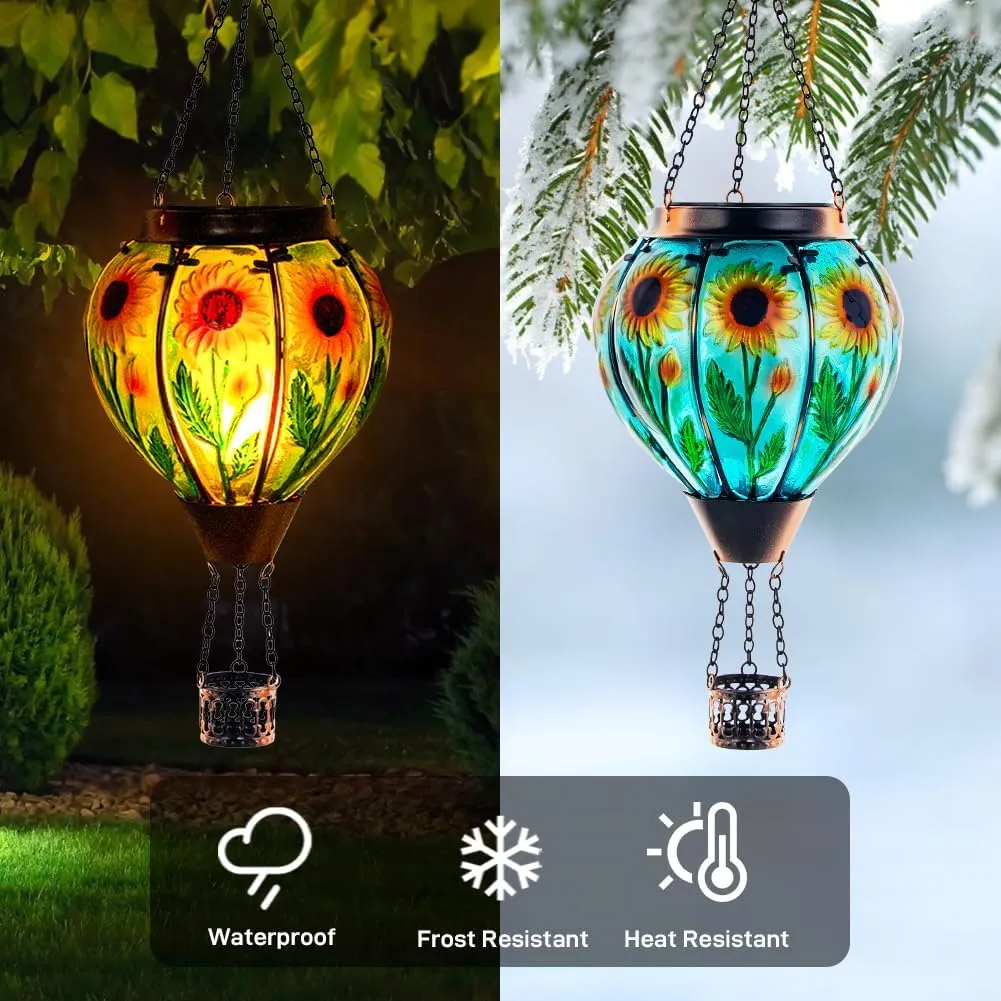 Starsoul Sunflower Hot Air Balloon Solar Lantern Glass Outdoor Hot Air Balloon Solar Flickering Flame Light Waterproof Hanging Lamp Garden Patio Yard Party Decor