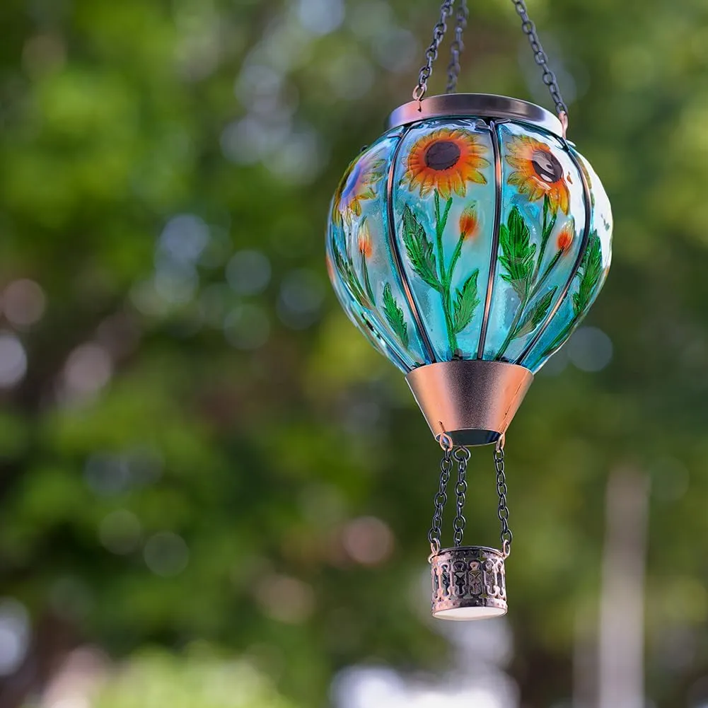 Starsoul Sunflower Hot Air Balloon Solar Lantern Glass Outdoor Hot Air Balloon Solar Flickering Flame Light Waterproof Hanging Lamp Garden Patio Yard Party Decor