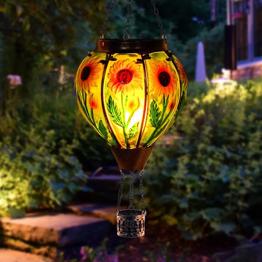 Starsoul Sunflower Hot Air Balloon Solar Lantern Glass Outdoor Hot Air Balloon Solar Flickering Flame Light Waterproof Hanging Lamp Garden Patio Yard Party Decor