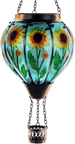 Starsoul Sunflower Hot Air Balloon Solar Lantern Glass Outdoor Hot Air Balloon Solar Flickering Flame Light Waterproof Hanging Lamp Garden Patio Yard Party Decor