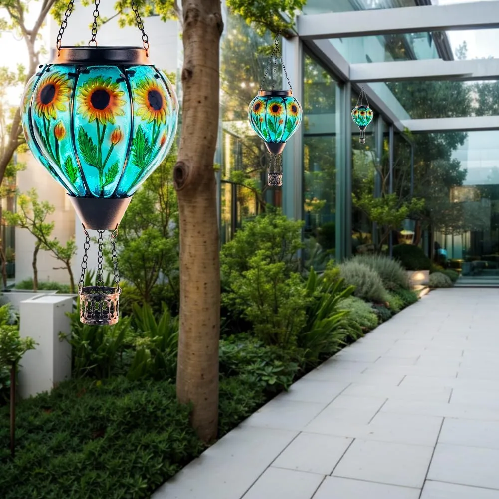 Starsoul Sunflower Hot Air Balloon Solar Lantern Glass Outdoor Hot Air Balloon Solar Flickering Flame Light Waterproof Hanging Lamp Garden Patio Yard Party Decor