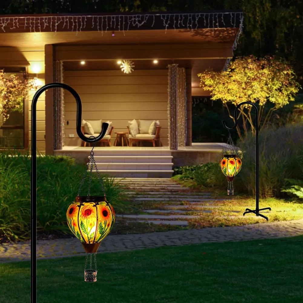 Starsoul Sunflower Hot Air Balloon Solar Lantern Glass Outdoor Hot Air Balloon Solar Flickering Flame Light Waterproof Hanging Lamp Garden Patio Yard Party Decor